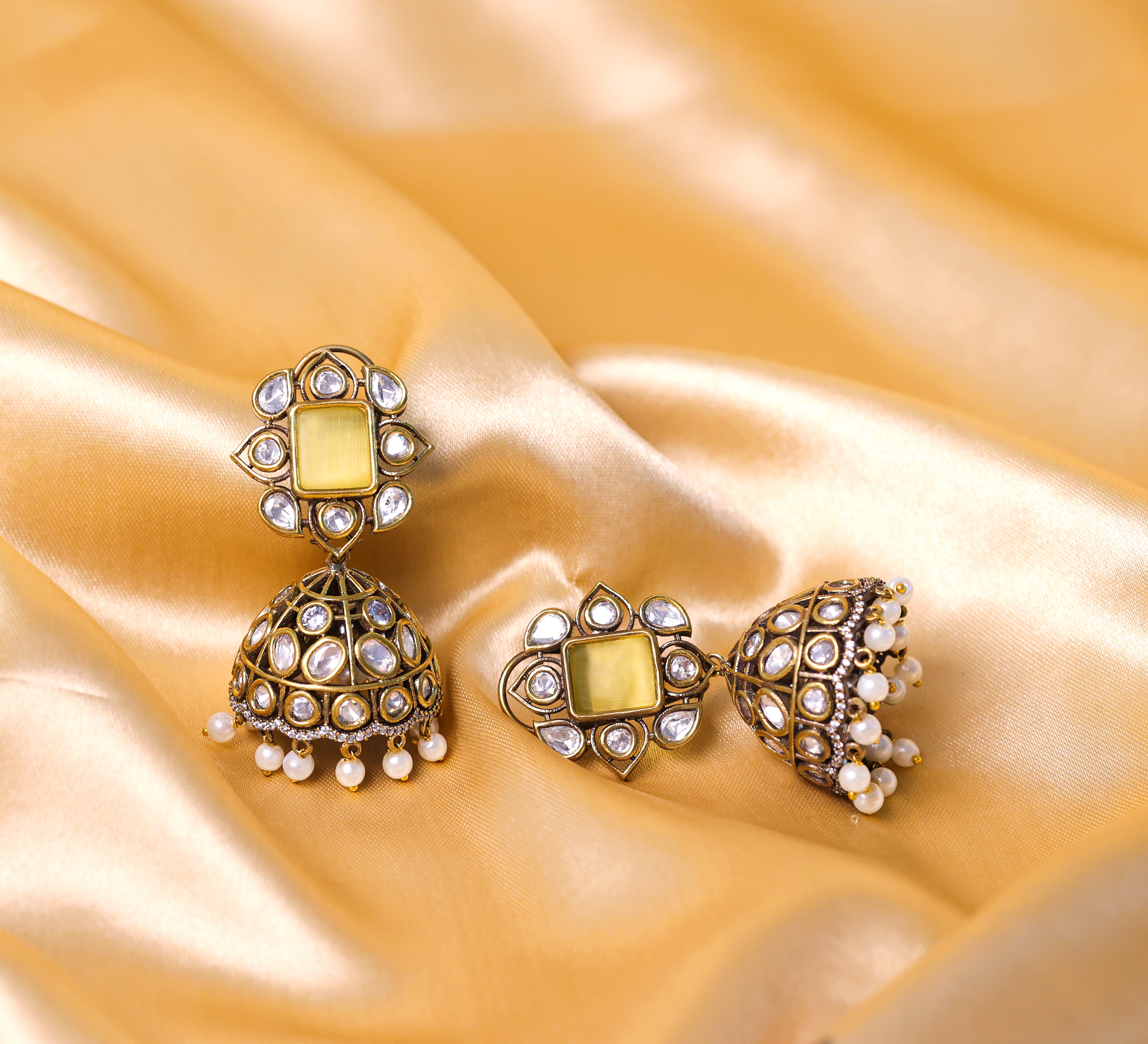 Silver Foil Victorian Jhumki Earrings with Kundan Polki and Hydro Stones - Adisha Jewels