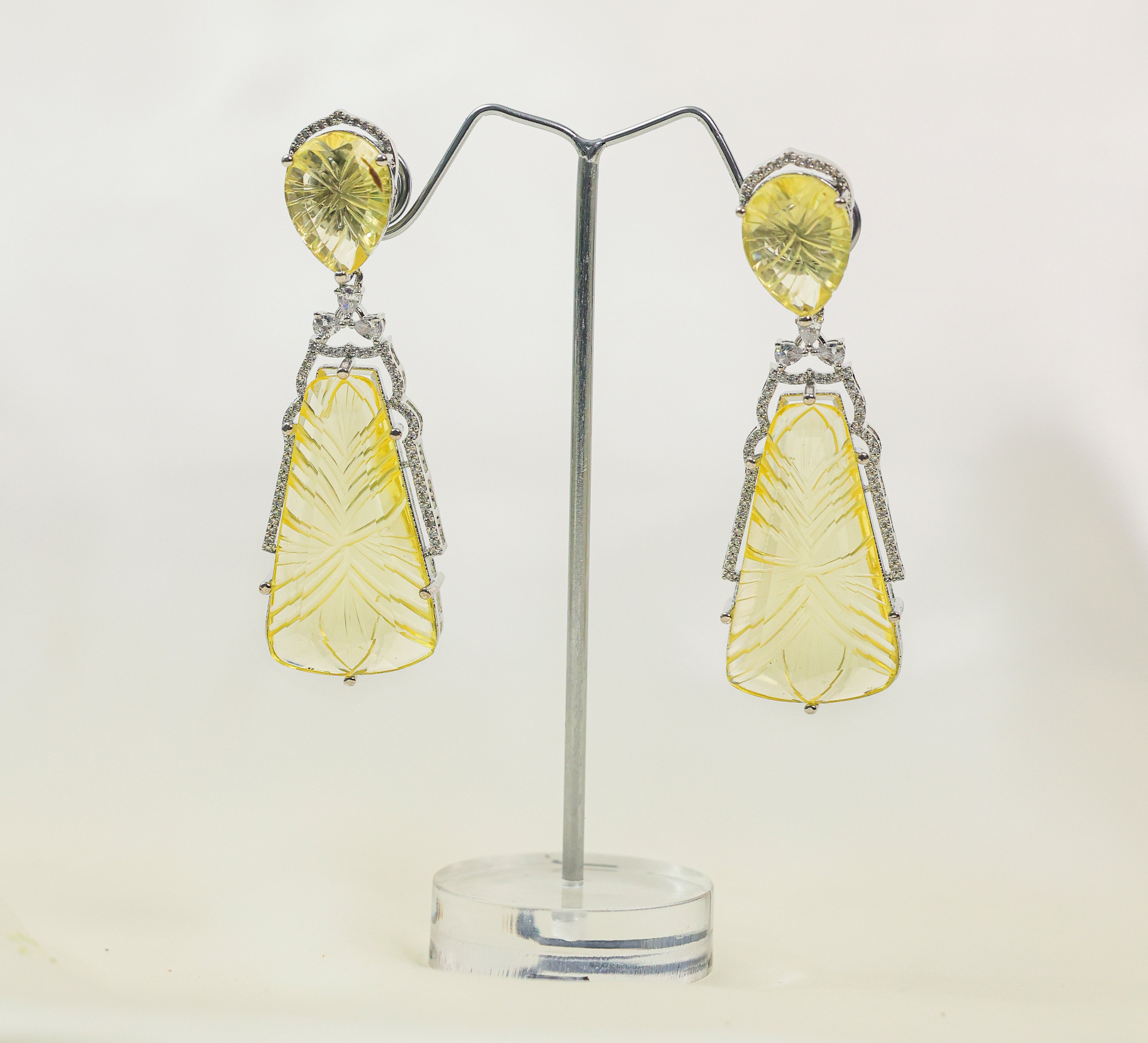 Laser-Cut Earrings with Hydro Stones and Doublet Stones in White Rhodium - Adisha Jewels