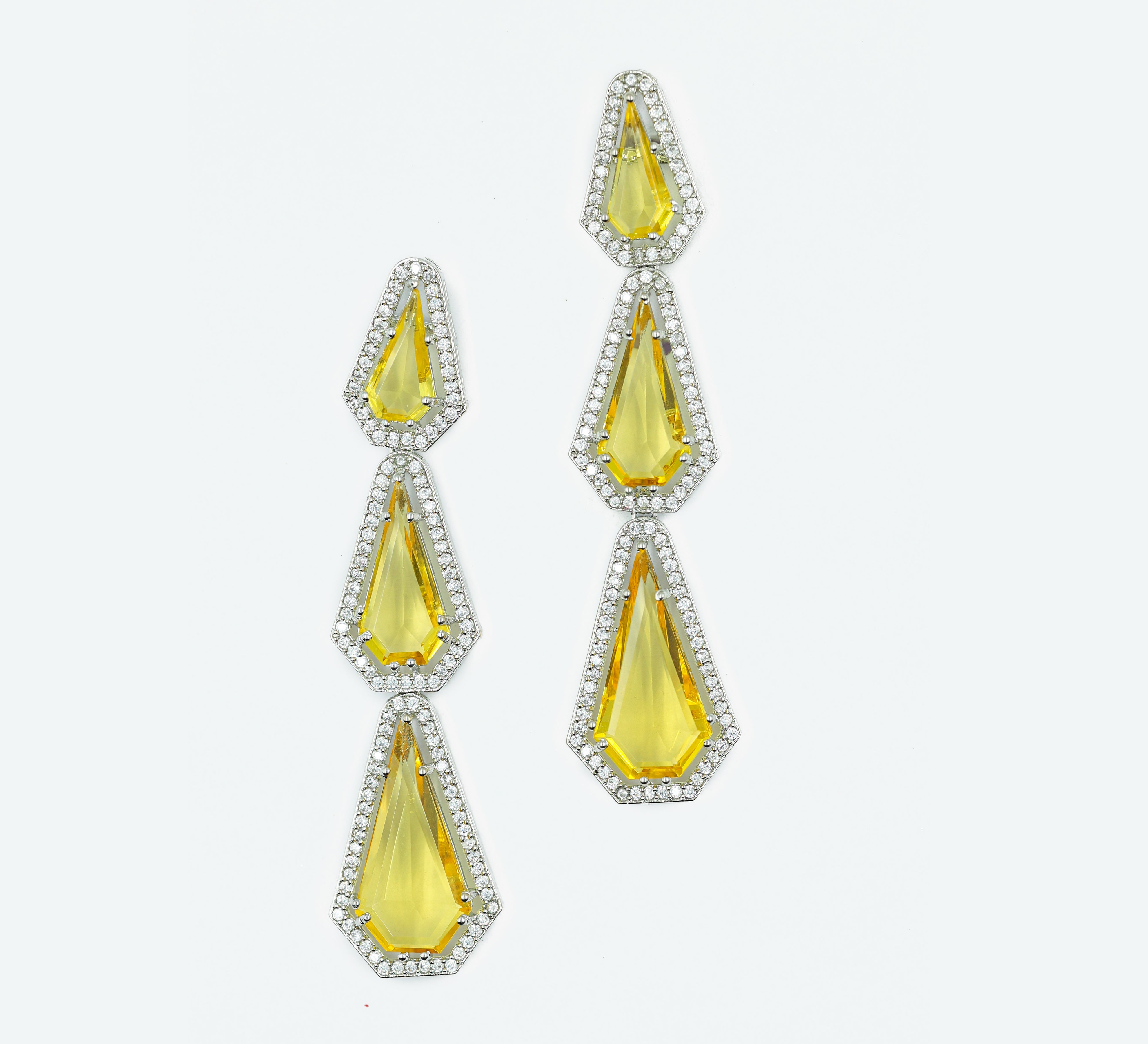 White-Plated Three-Tiered Earrings with Hydro Stones - Adisha Jewels