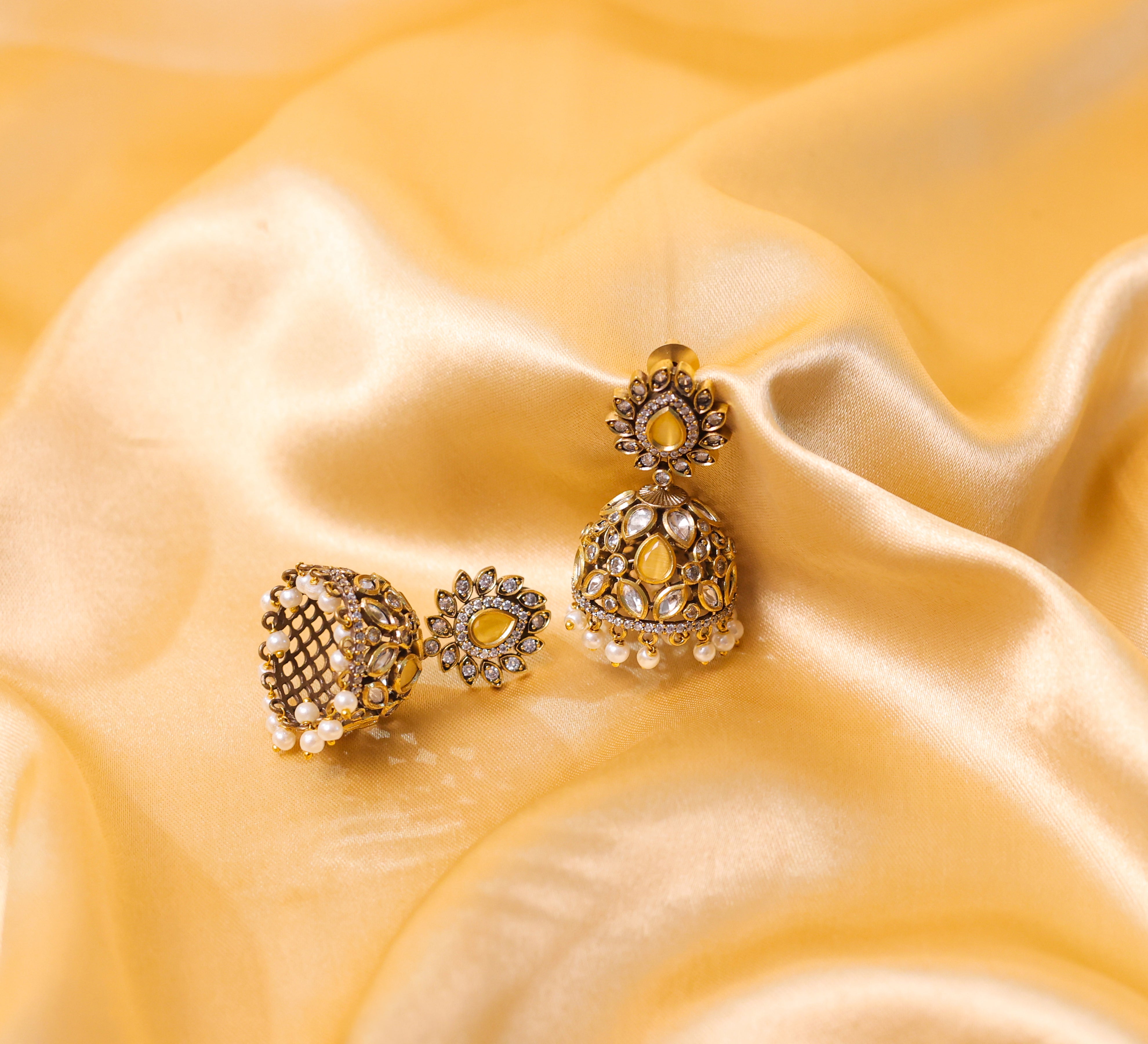 Silver Foil Victorian Jhumki Earrings with Kundan Polki and Hydro Stones - Adisha Jewels