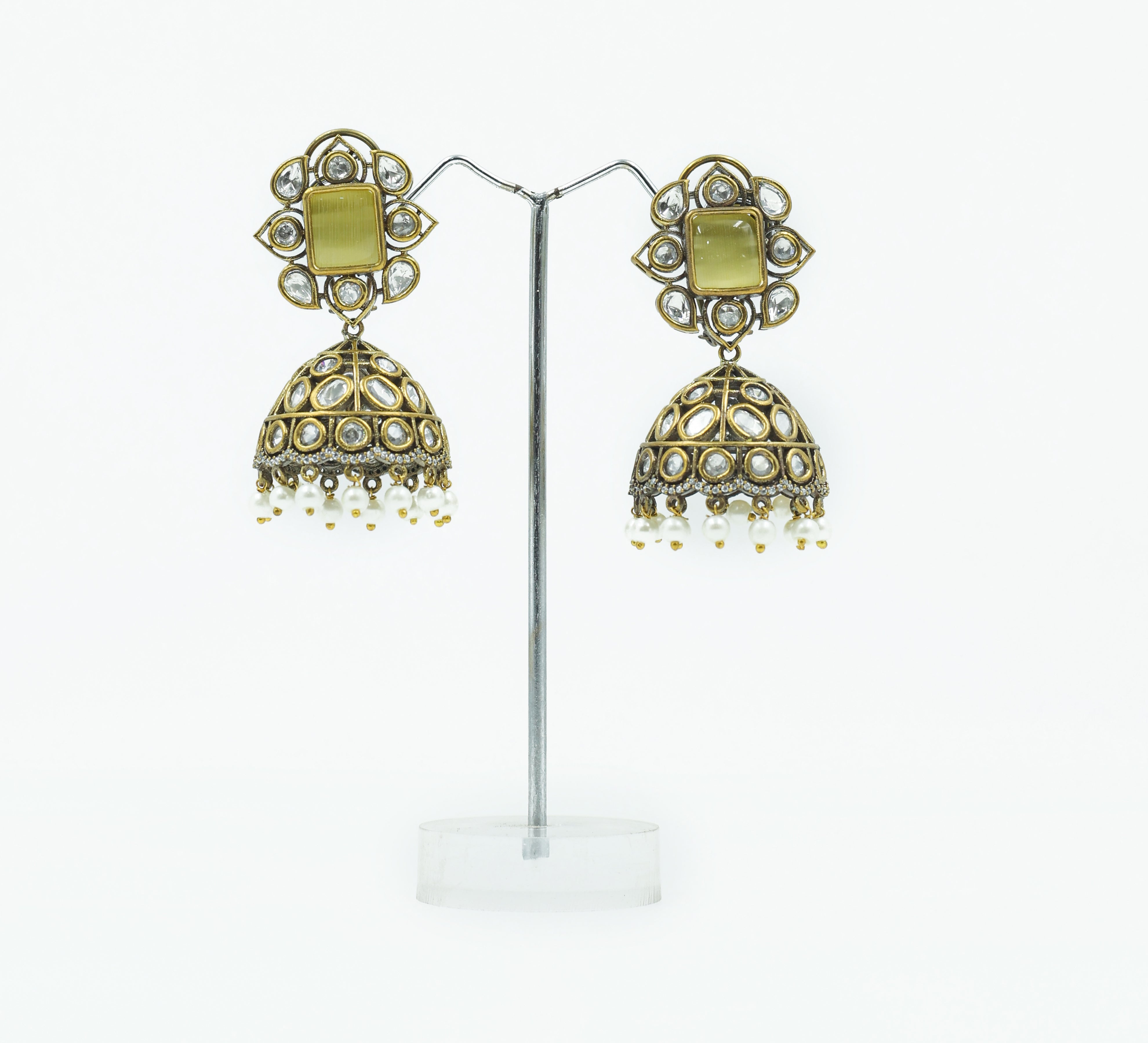 Silver Foil Victorian Jhumki Earrings with Kundan Polki and Hydro Stones - Adisha Jewels