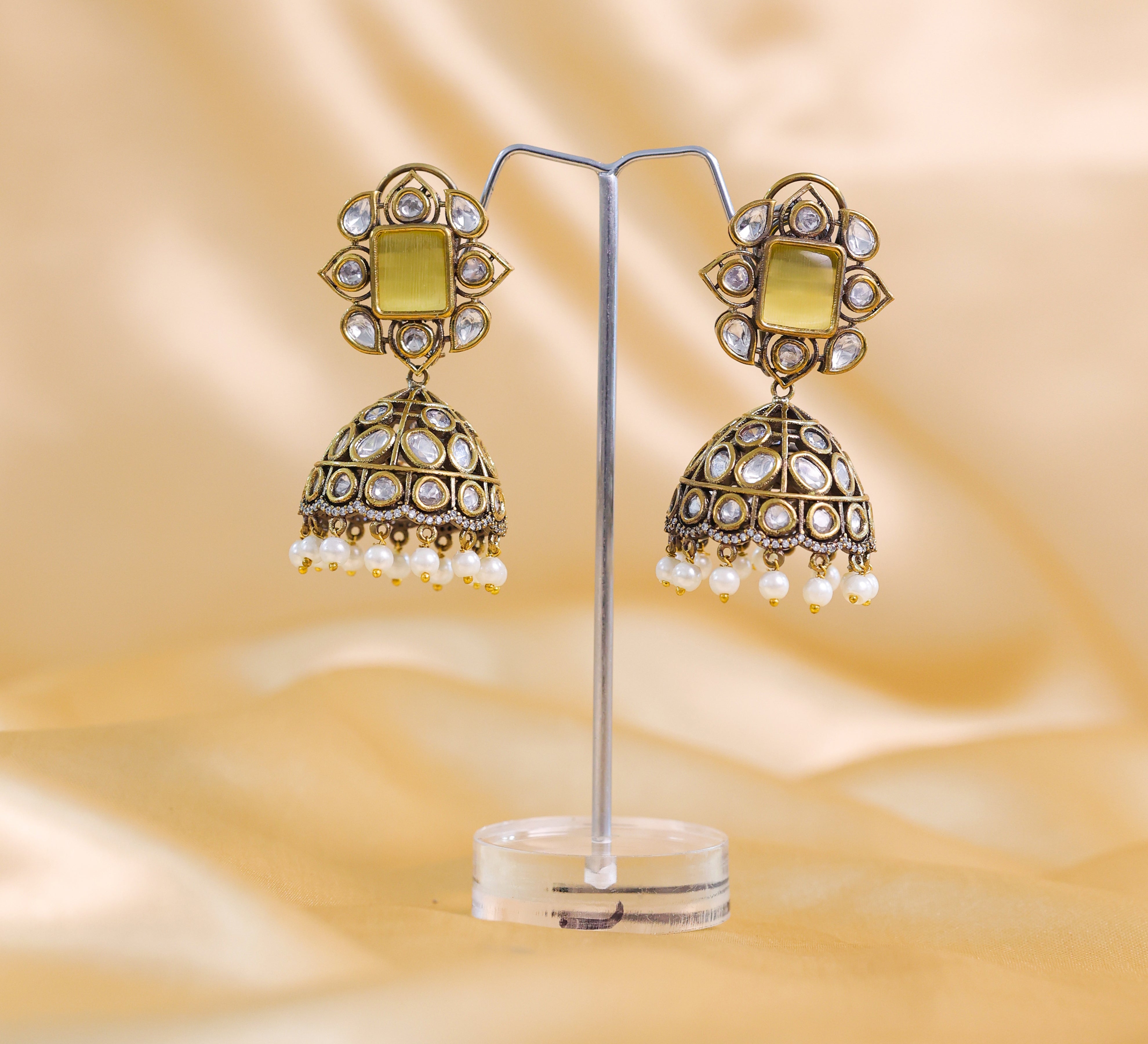 Silver Foil Victorian Jhumki Earrings with Kundan Polki and Hydro Stones - Adisha Jewels