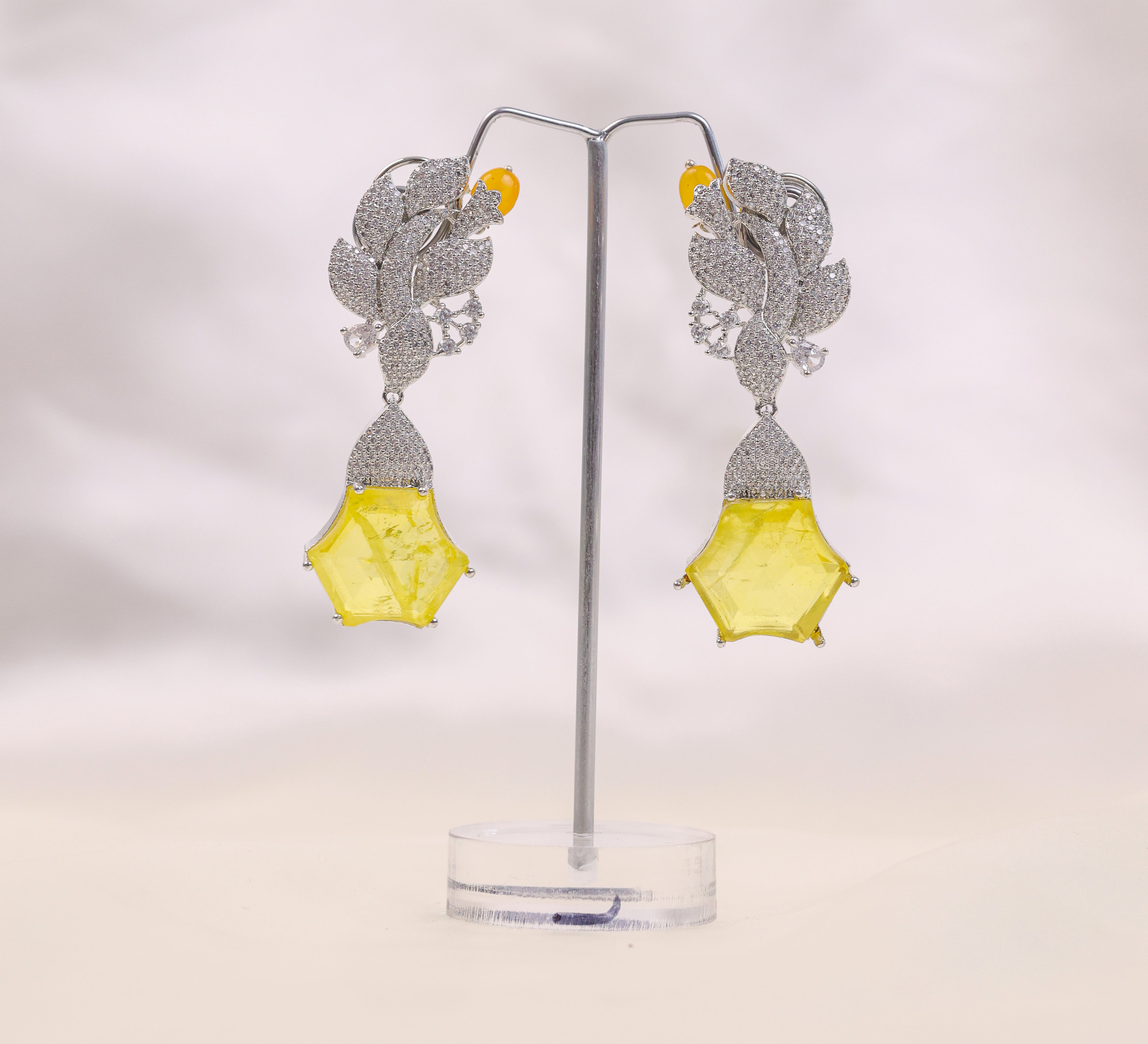 Beaded Earrings with Doublet Stones and CZ in White Rhodium - Adisha Jewels