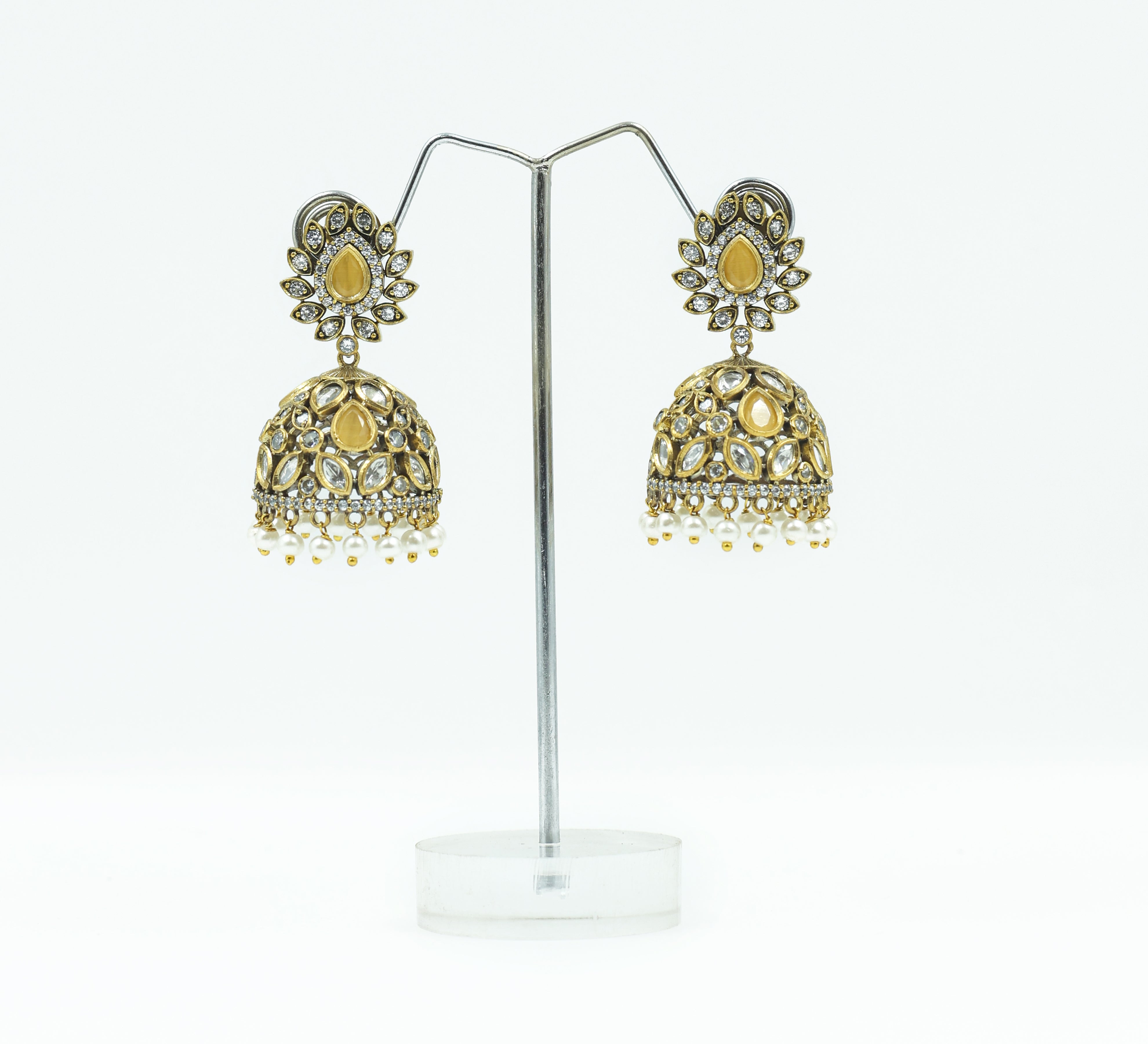 Silver Foil Victorian Jhumki Earrings with Kundan Polki and Hydro Stones - Adisha Jewels