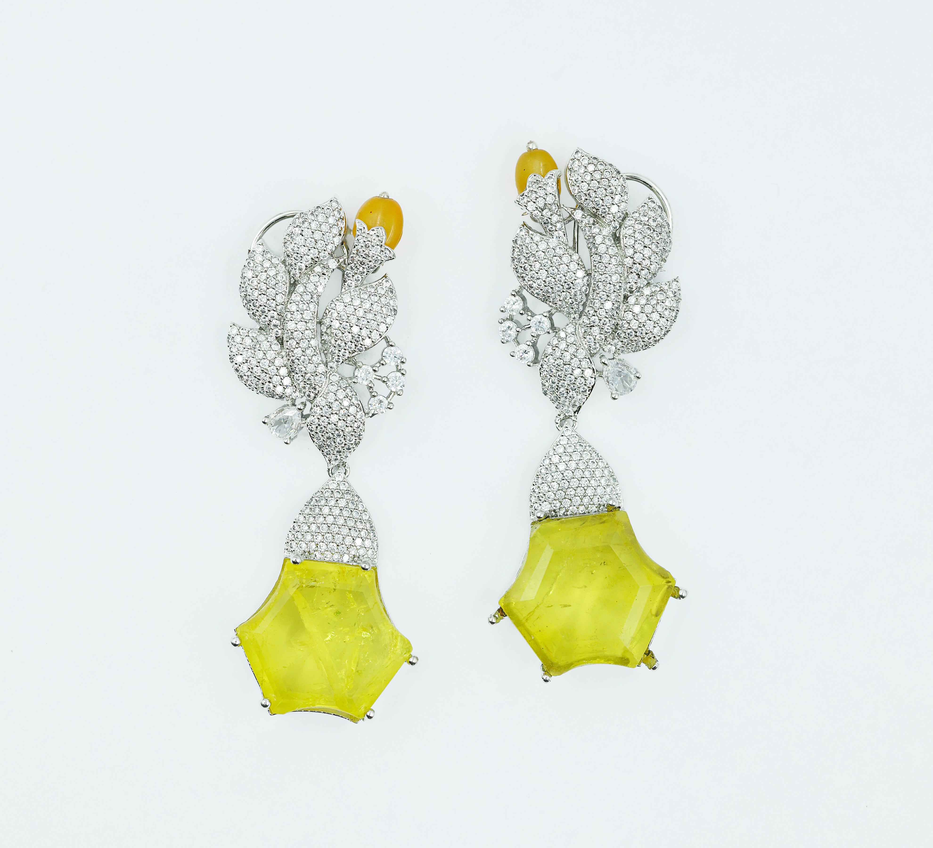 Beaded Earrings with Doublet Stones and CZ in White Rhodium - Adisha Jewels